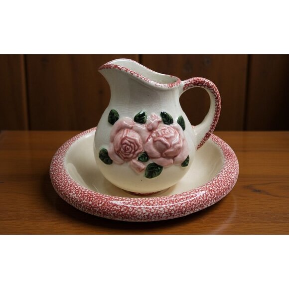 Vintage Wash Basin Bowl and Pitcher with 3D Hand PaintednPink Roses and Sponged - Picture 2 of 7